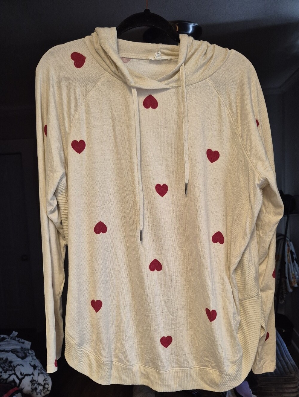 Cream Hoodie Sweater with Red Heart Print